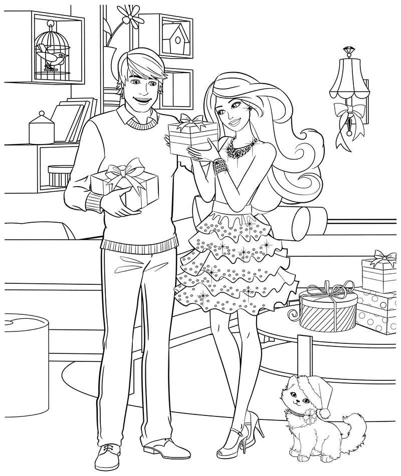 Раскраска - Барби - Кен и Барби с подарками