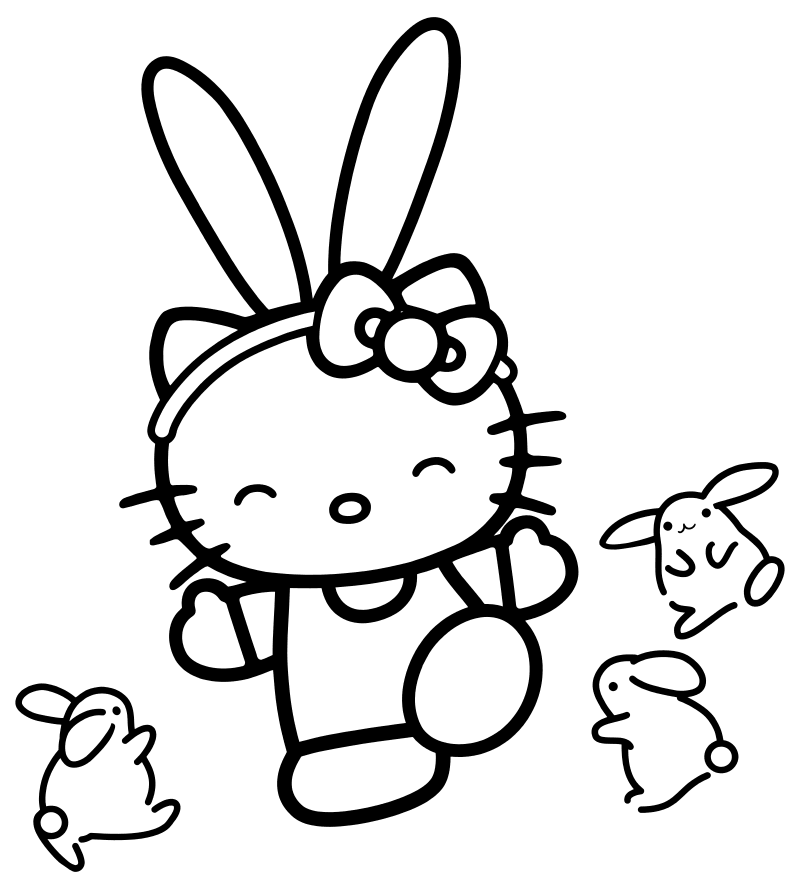 Раскраска - Хелло Китти - Китти с маленькими зайчиками