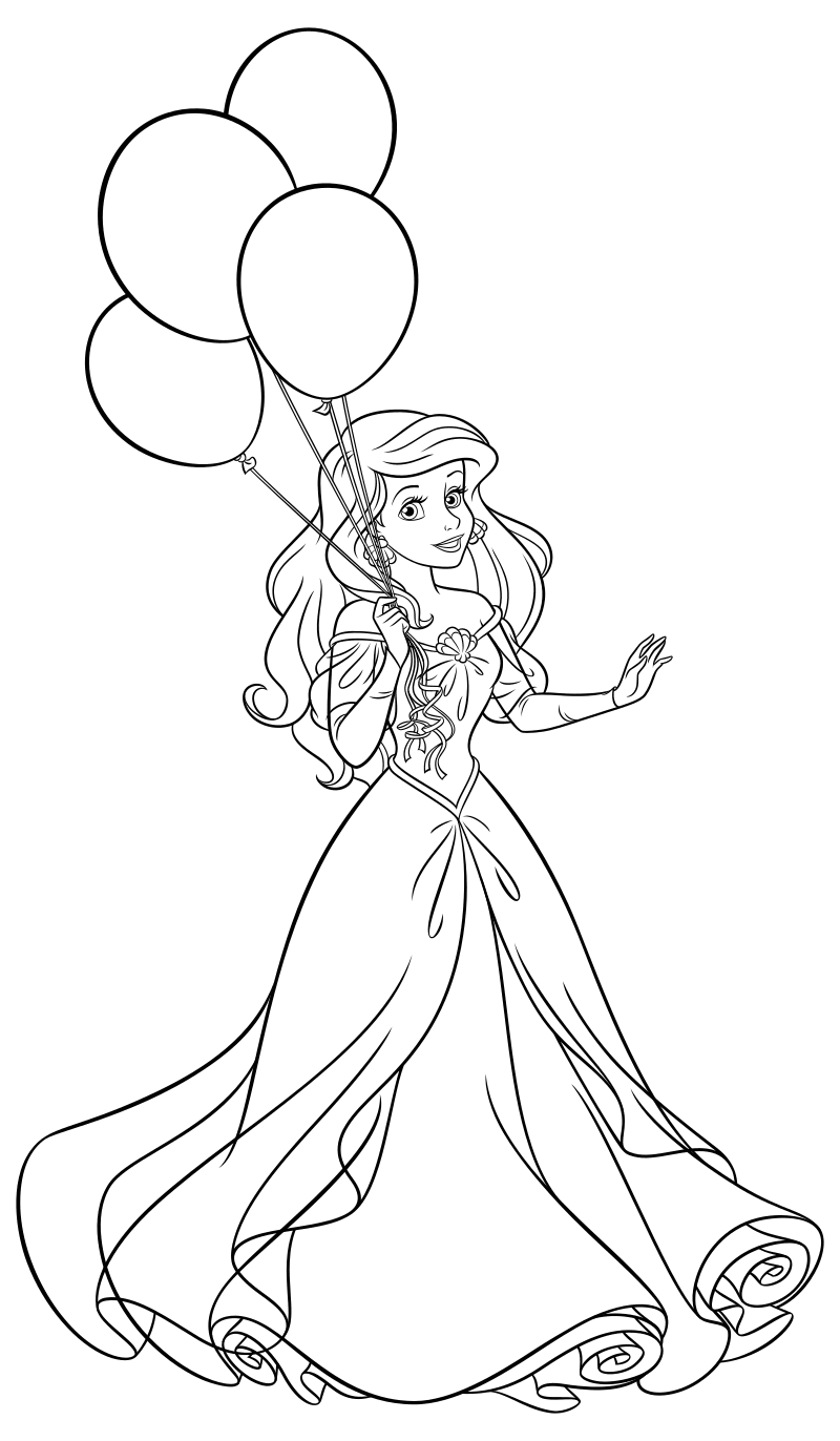 Раскраска - Принцессы Диснея - Ариэль с воздушными шарами