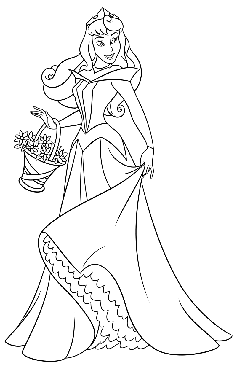 Раскраска - Принцессы Диснея - Аврора с корзиной цветов