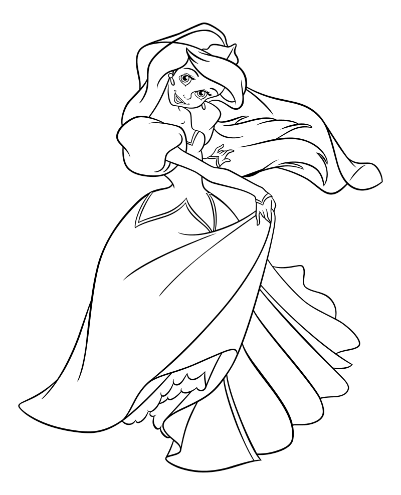 Раскраска - Принцессы Диснея - Принцесса Ариэль танцует в бальном платье
