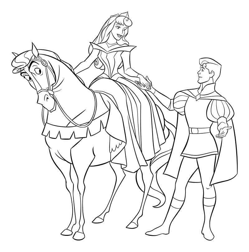 Раскраска - Принцессы Диснея - Принцесса Аврора на коне и Принц Филипп