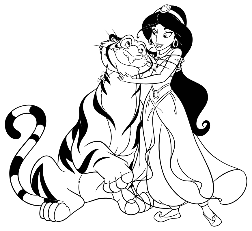 Раскраска - Принцессы Диснея - Жасмин и тигр Раджа