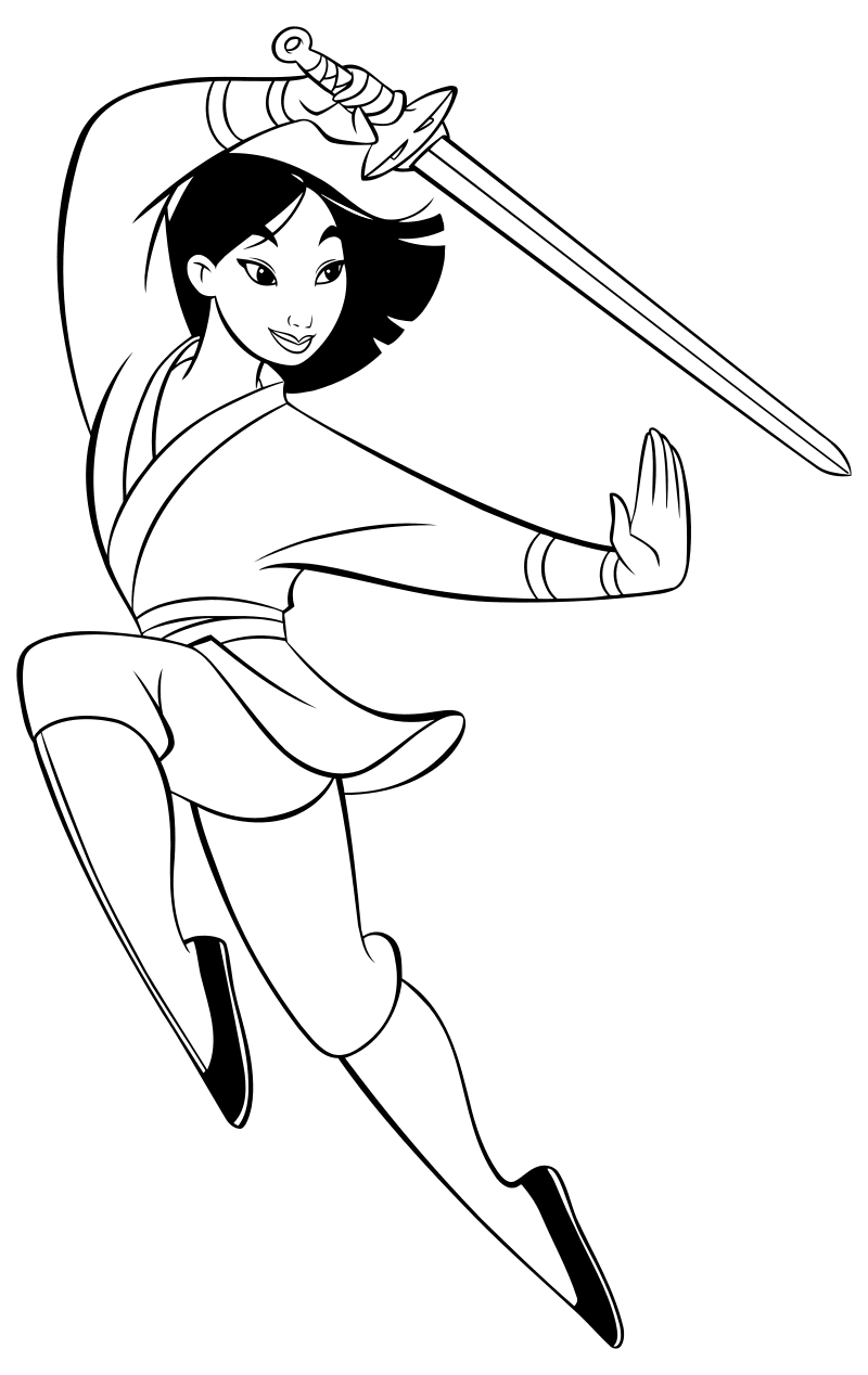 Раскраска - Принцессы Диснея - Мулан упражняется с мечом