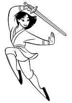 Раскраска - Принцессы Диснея - Мулан упражняется с мечом