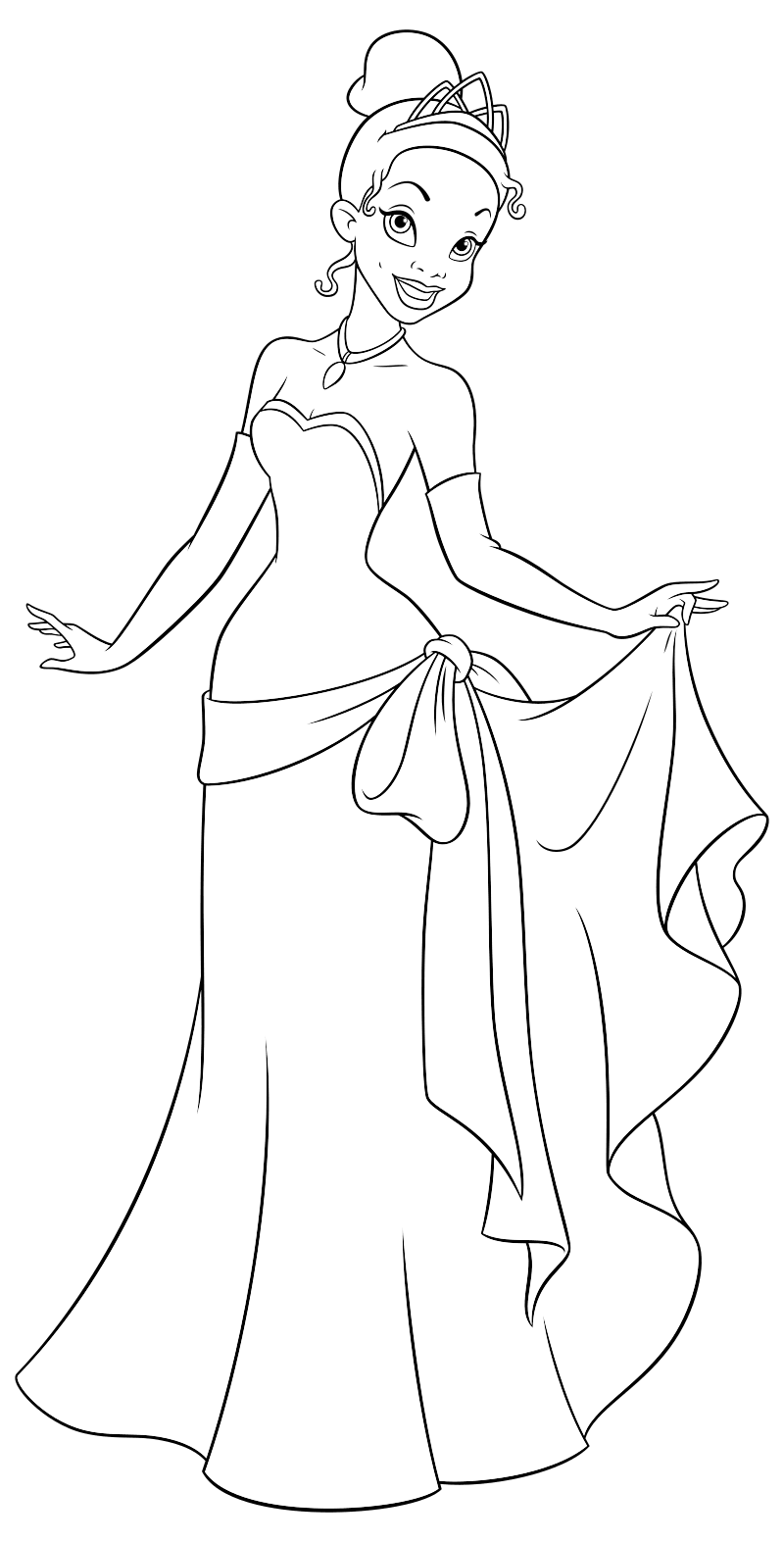 Раскраска - Принцессы Диснея - Тиана в вечернем платье