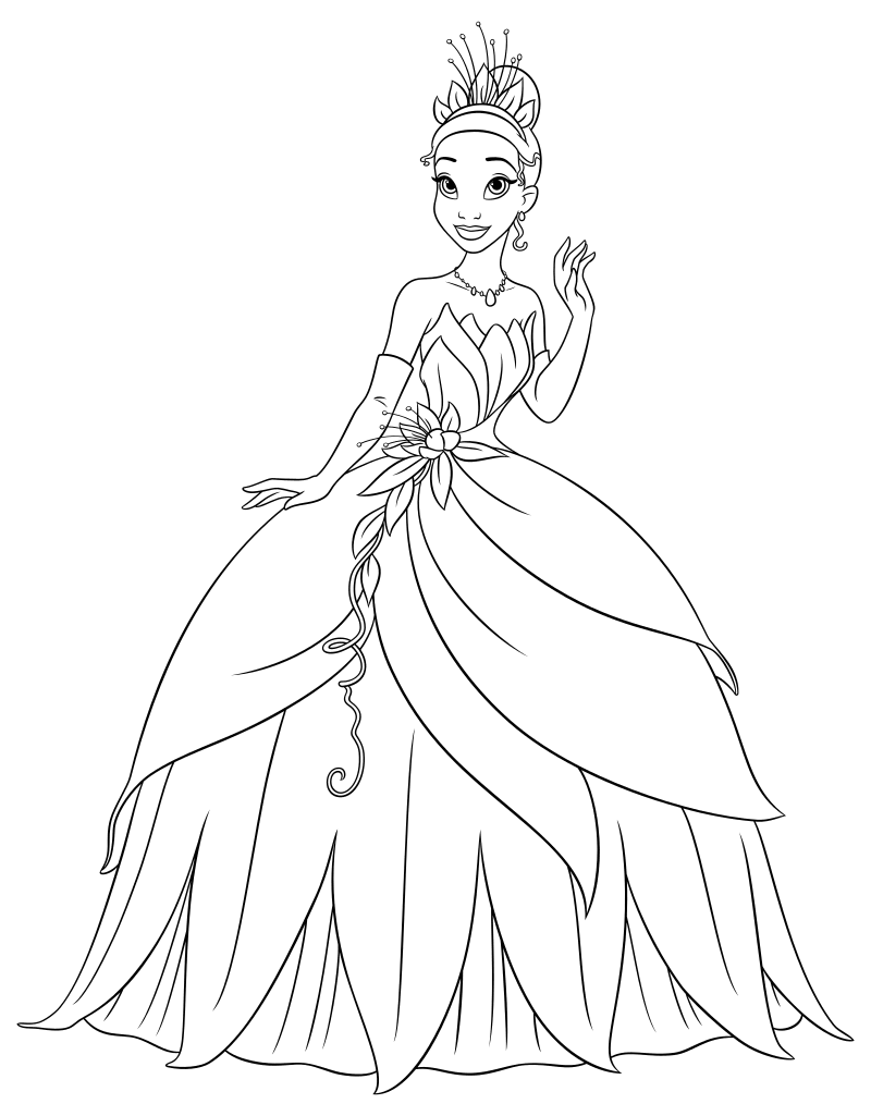 Раскраска - Принцессы Диснея - Тиана в бальном платье