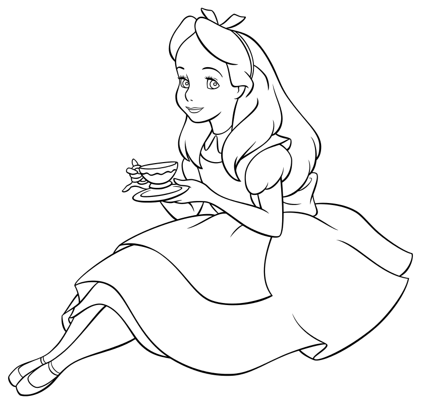Раскраска - Алиса в Стране чудес - Алиса пьёт чай