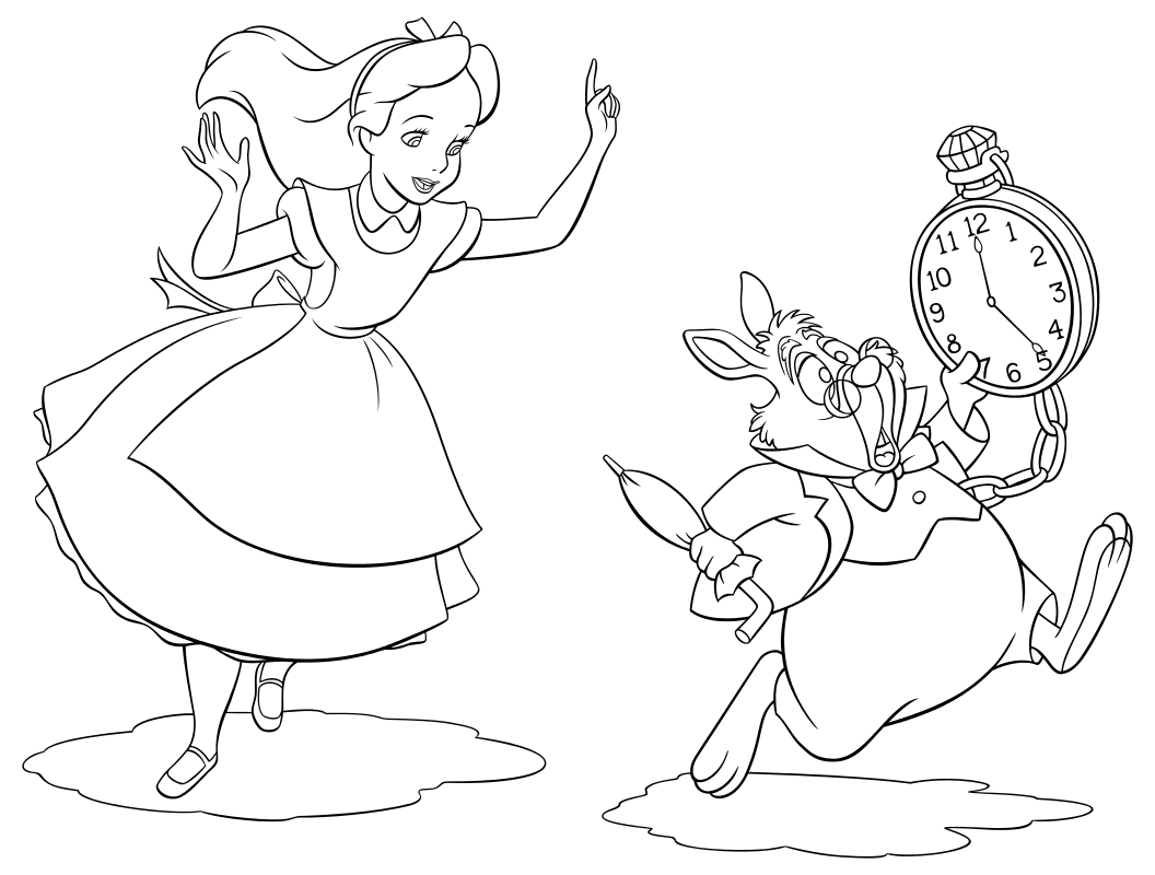 Раскраска - Алиса в Стране чудес - Алиса бежит за белым кроликом