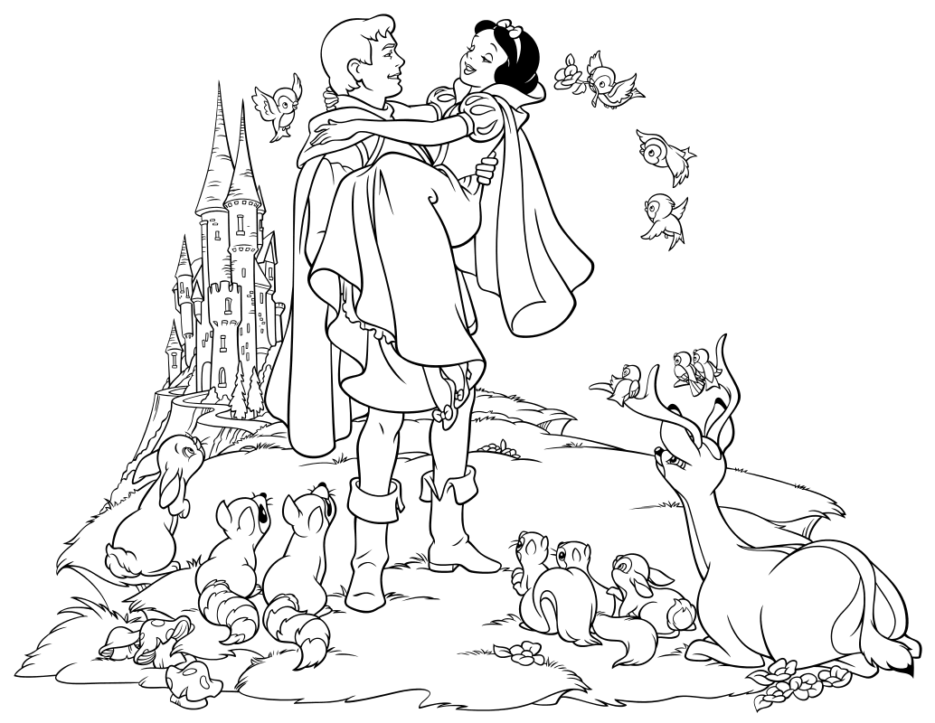 Раскраска Белоснежка с Принцем и зверятами