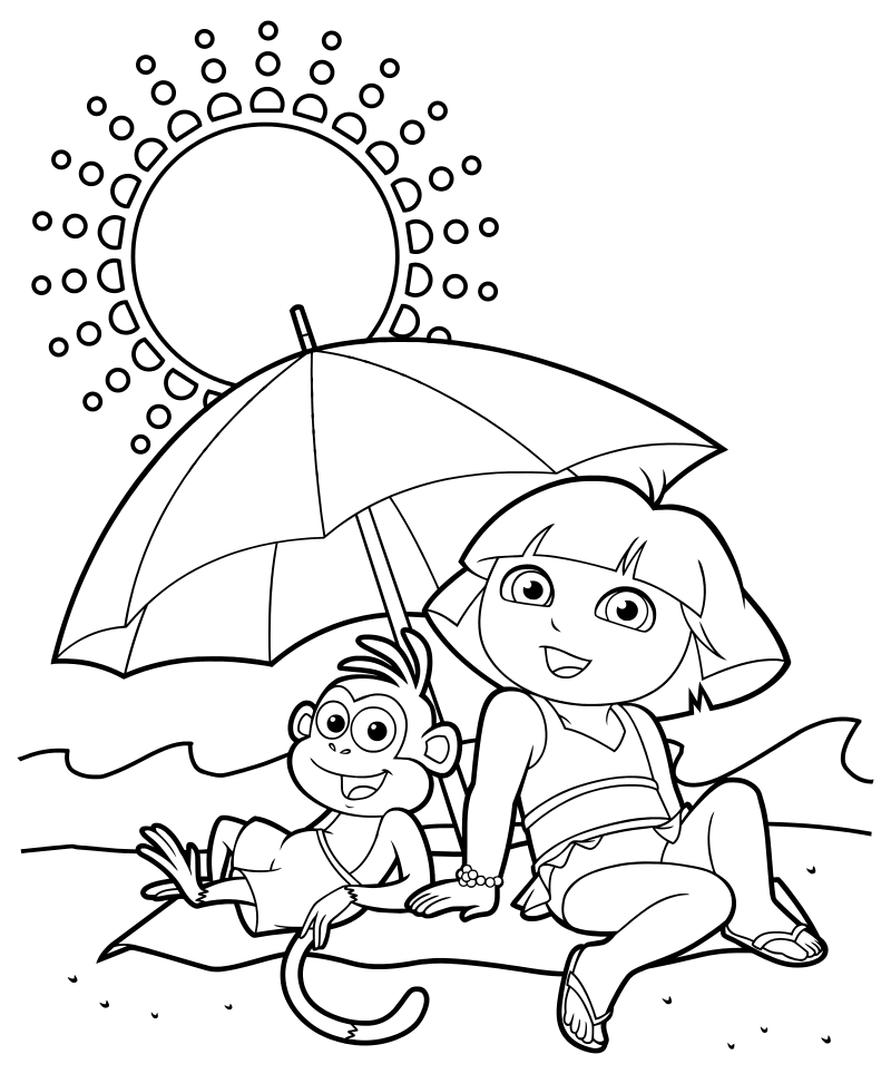 Раскраска - Даша-путешественница - Даша с Башмачком под зонтом