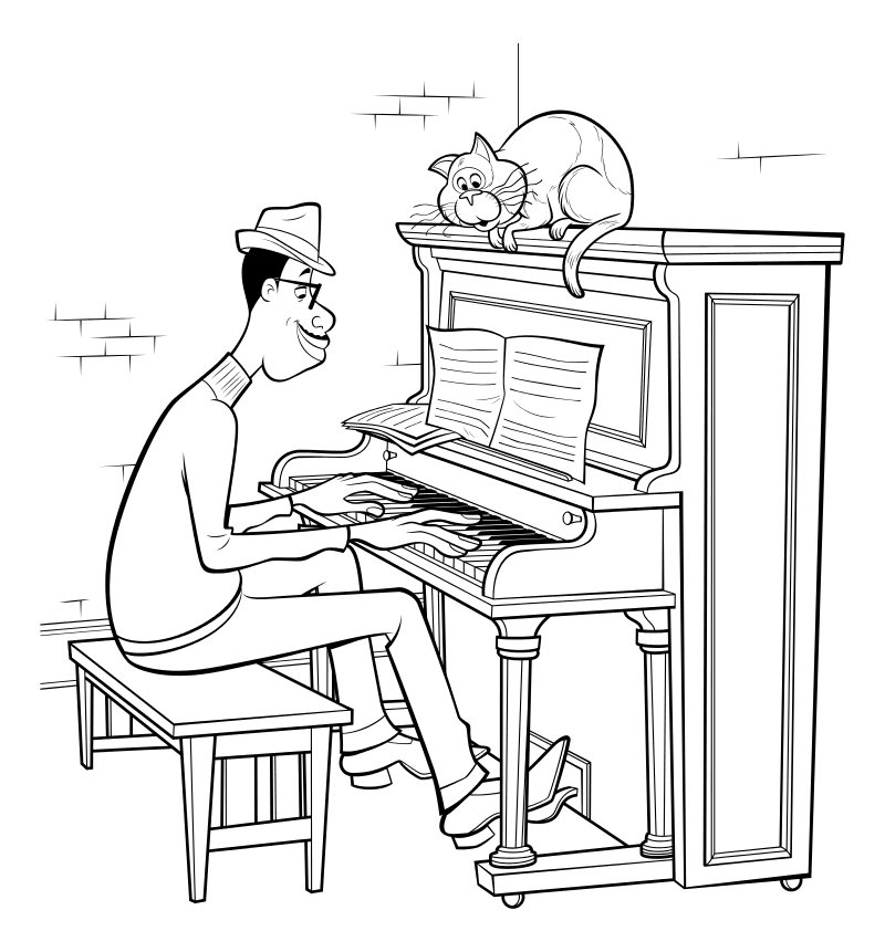 Раскраска - Душа - Джо Гарднер играет на пианино и кот