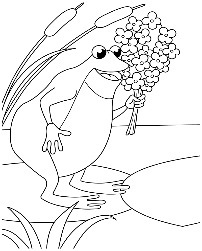 Раскраска - Дюймовочка - Жаба с букетом цветов