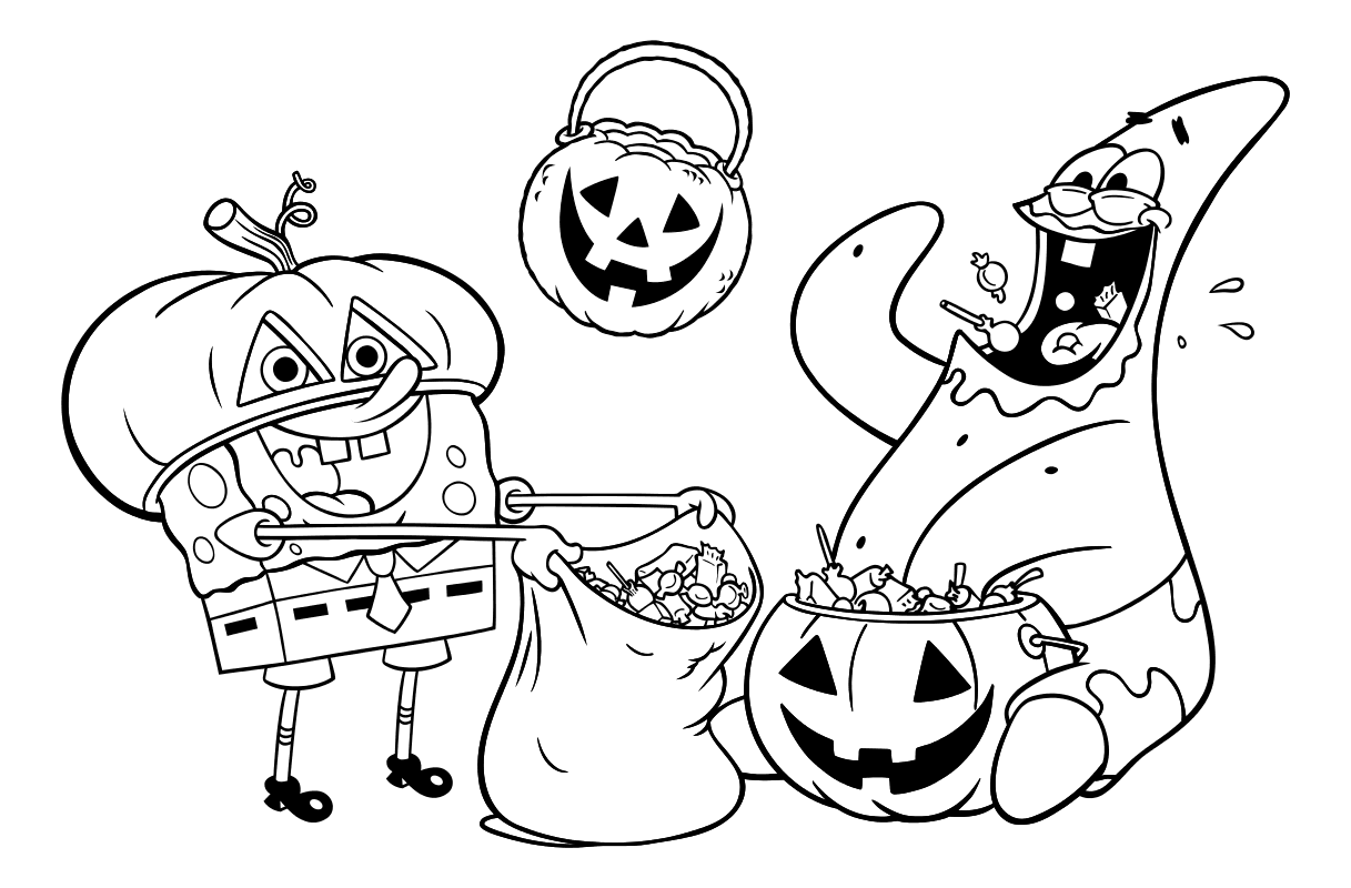 Раскраска - Губка Боб Квадратные Штаны - Губка Боб и Патрик едят угощения на Хеллоуин
