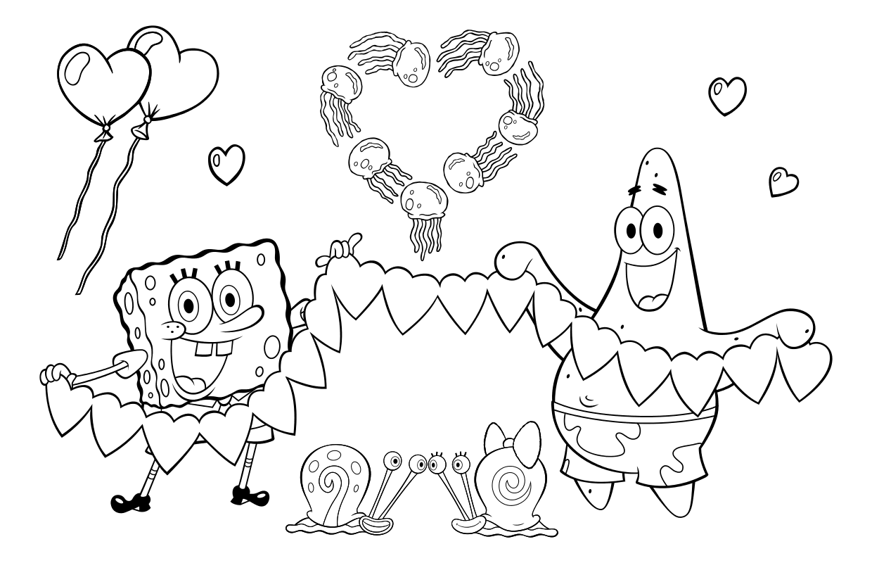 Раскраска - Губка Боб Квадратные Штаны - Губка Боб, Гэри, Снэлли и Патрик на День святого Валентина