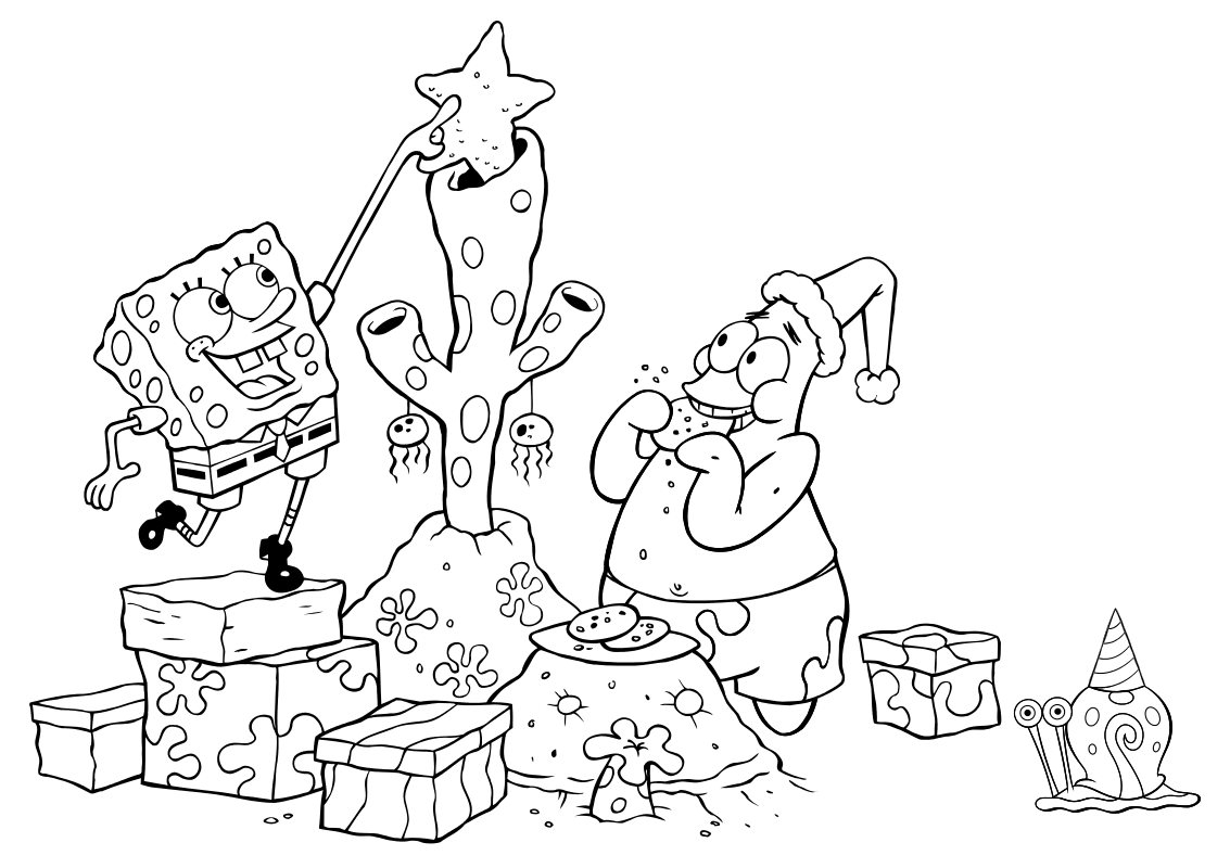 Раскраска - Губка Боб Квадратные Штаны - Губка Боб, Патрик Стар и Гэри готовятся к рождеству