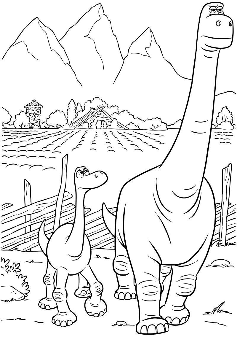 Раскраска - Хороший динозавр - Арло с отцом идут на охоту