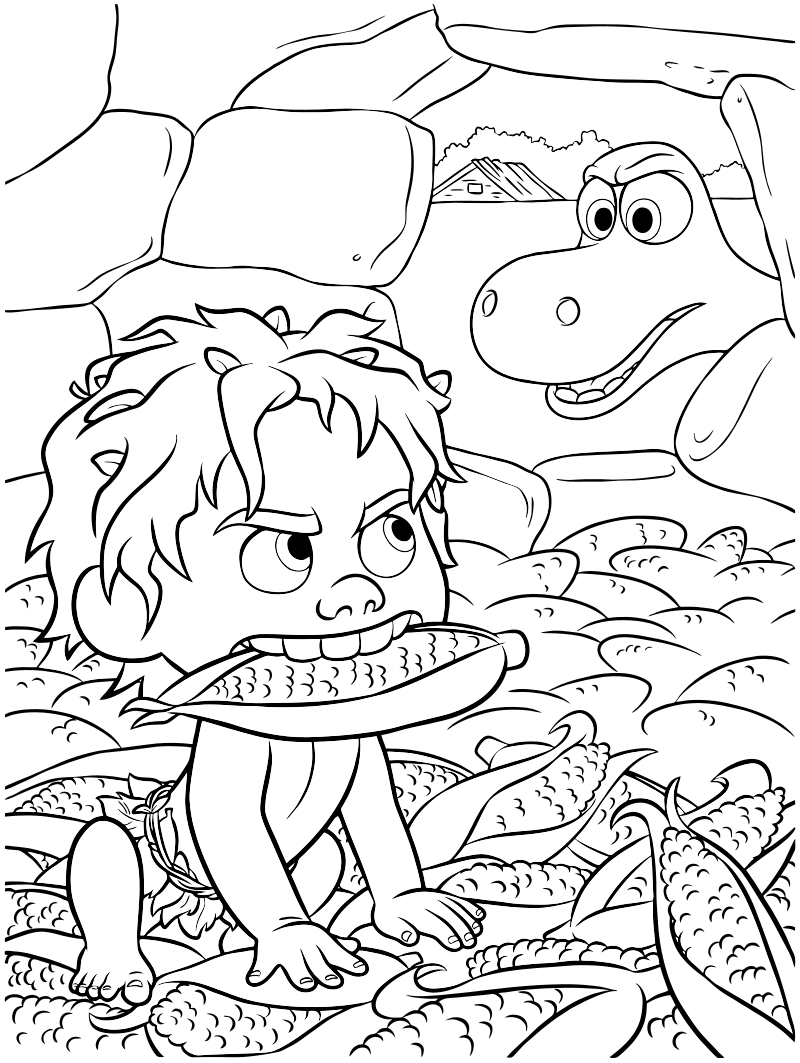 Раскраска - Хороший динозавр - Арло поймал Дружка в амбаре