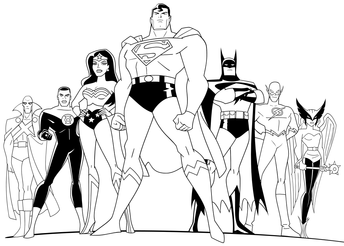 Раскраска - Лига Справедливости - Команда супергероев Лиги Справедливости
