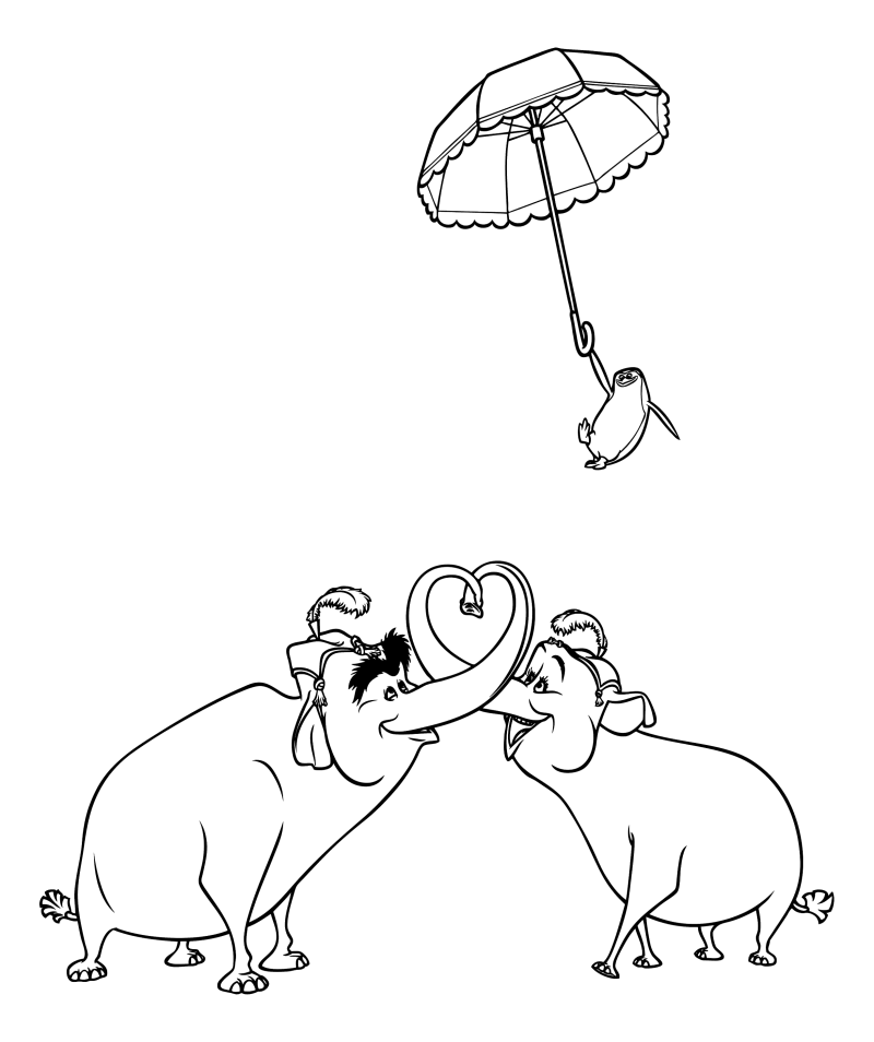 Раскраска - Мадагаскар - Цирковые слоны и пингвин с зонтиком