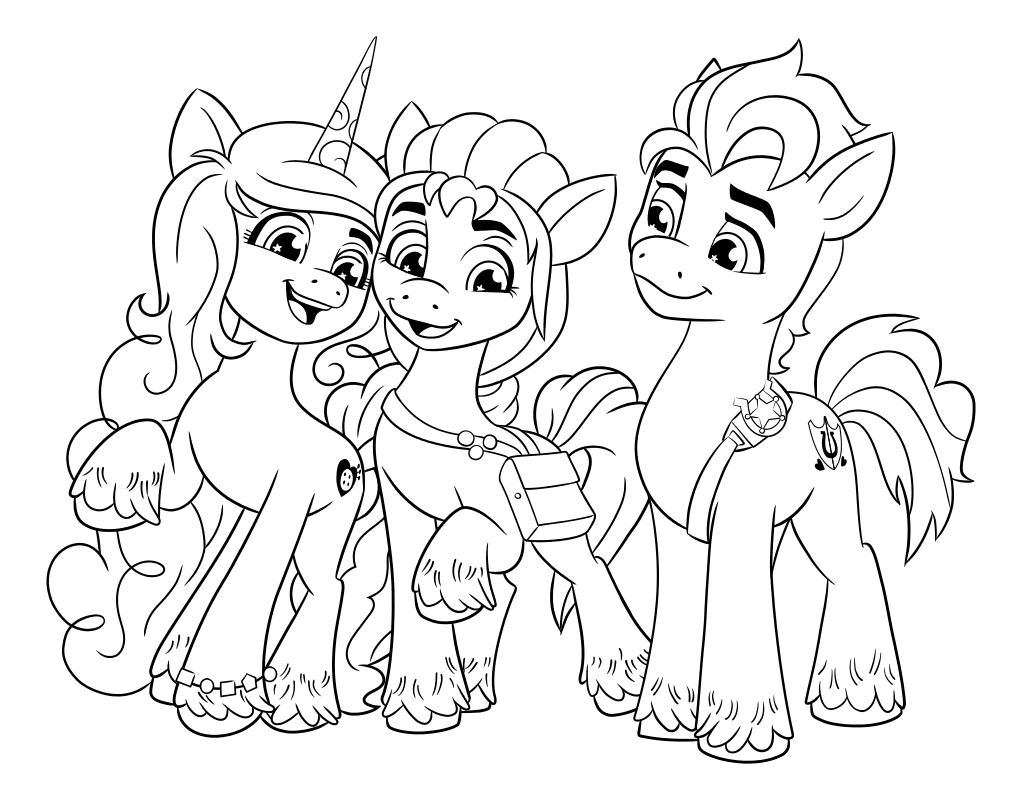 Раскраска - My Little Pony: Новое поколение - Иззи, Санни и Хитч