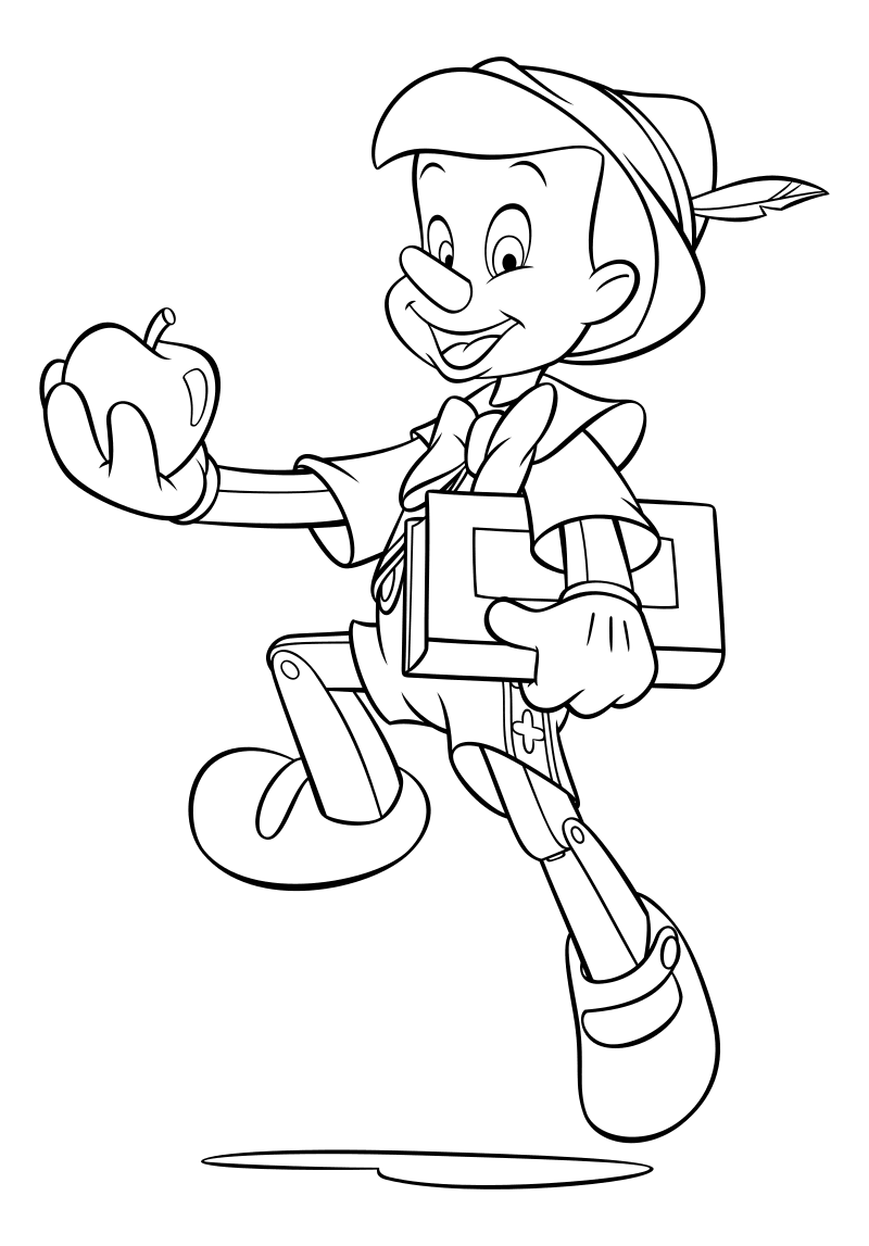 Раскраска - Пиноккио - Пиноккио с книгой и яблоком