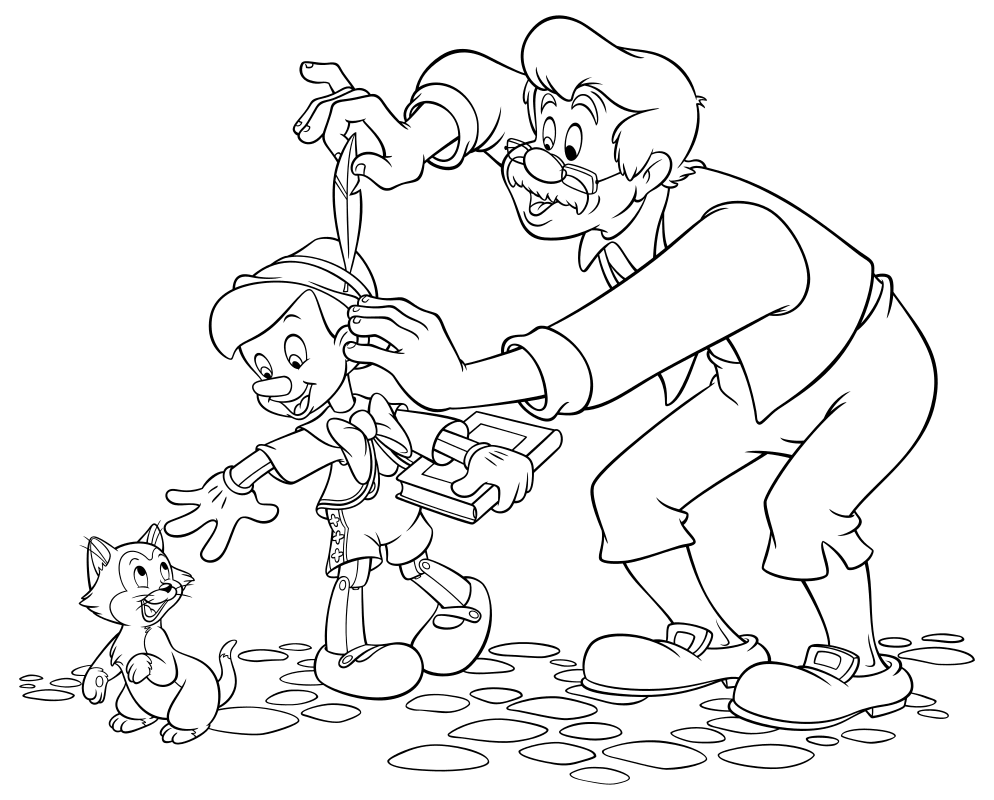 Раскраска - Пиноккио - Джеппетто провожает Пиноккио в школу