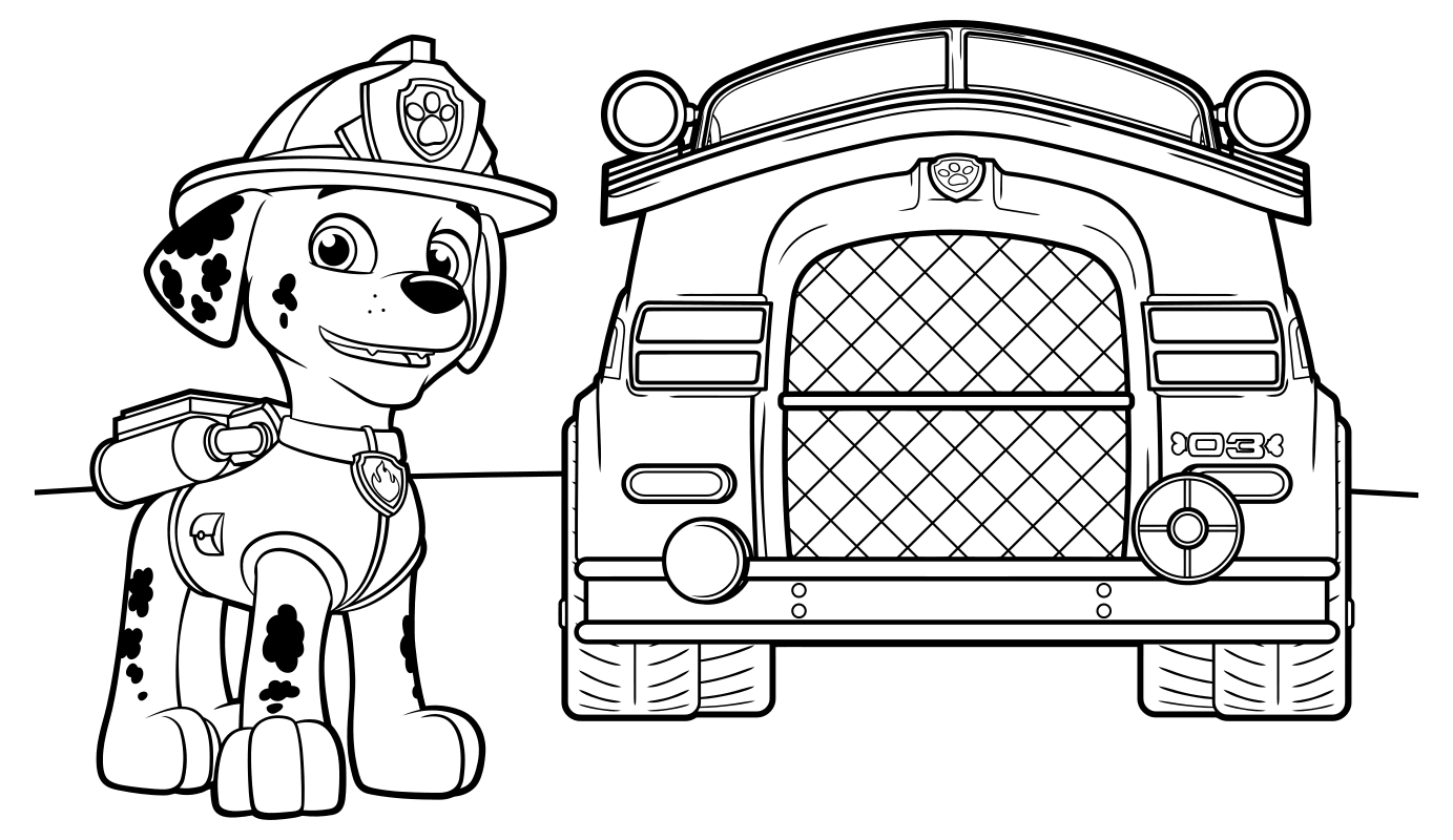 Раскраска - Щенячий патруль - Маршал и пожарный фургон