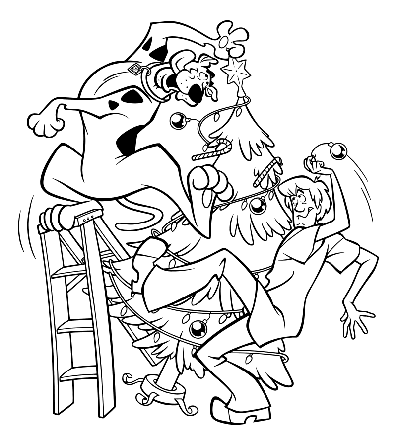 Раскраска - Скуби-Ду - Скуби-Ду и Шэгги наряжают новогоднюю ёлку