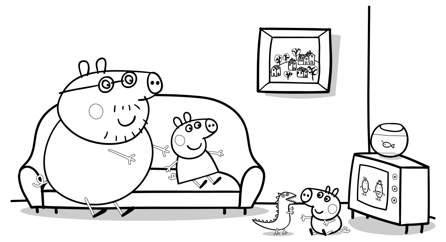 Раскраска - Свинка Пеппа - Папа Свин с Пеппой и Джорджем смотрят мультик