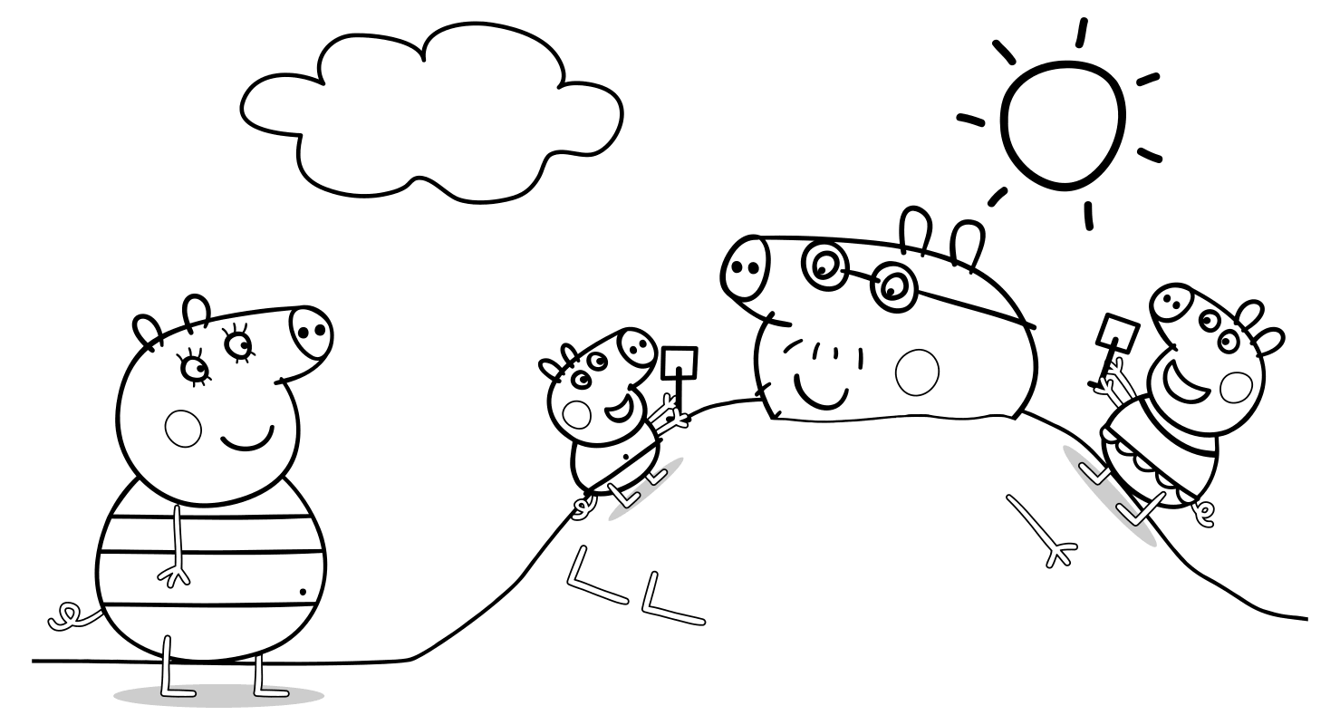 Раскраска - Свинка Пеппа - Свинка Пеппа с семьёй играют на пляже