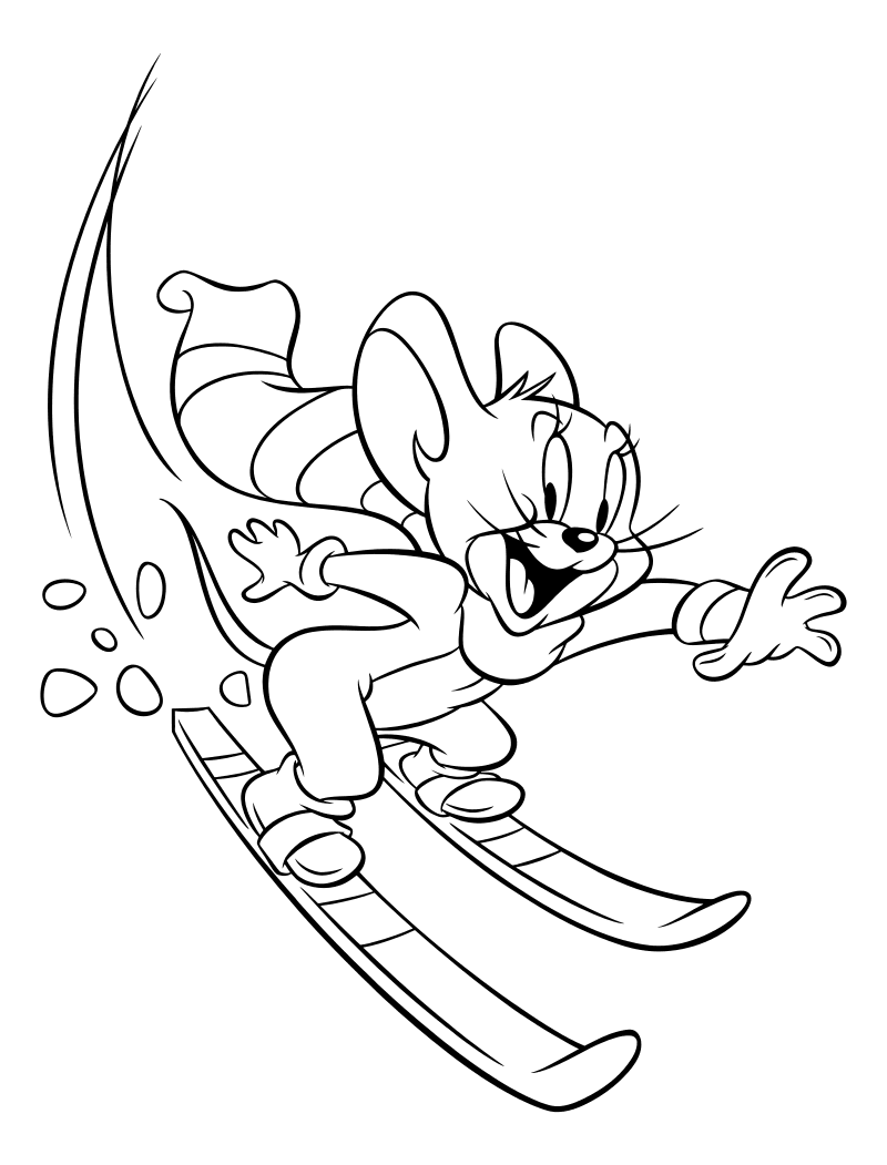 Раскраска - Том и Джерри - Джерри катается на лыжах