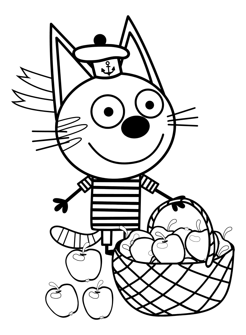 Раскраска - Три кота - Коржик с корзинкой яблок