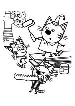 Раскраска - Три кота - Карамелька, Коржик и Компот строят домик