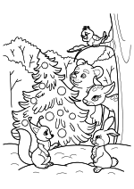 Раскраска - Новый год - Лесные зверята у ёлочки