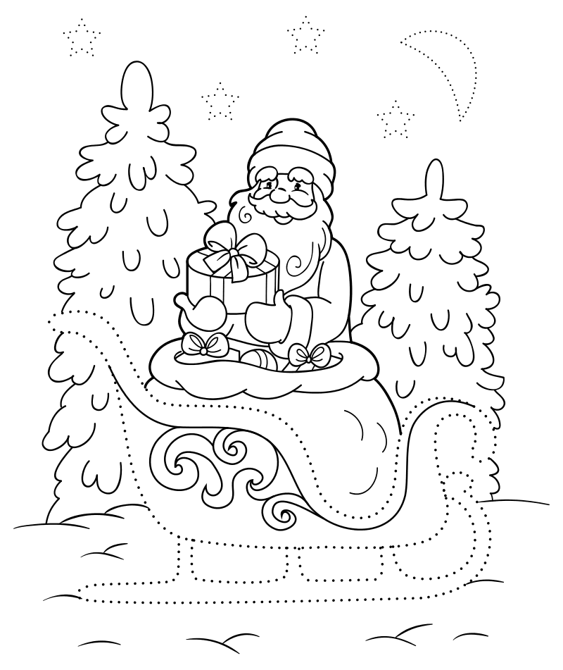 Раскраска - Новый год - Дед мороз с мешком подарков в санях