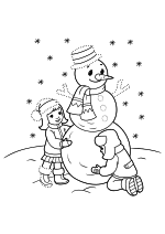 Раскраски дети, Раскраска Дети лепят снеговика снеговик.