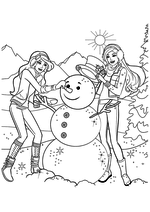 Раскраска - Барби - Барби с подругой лепят снеговика