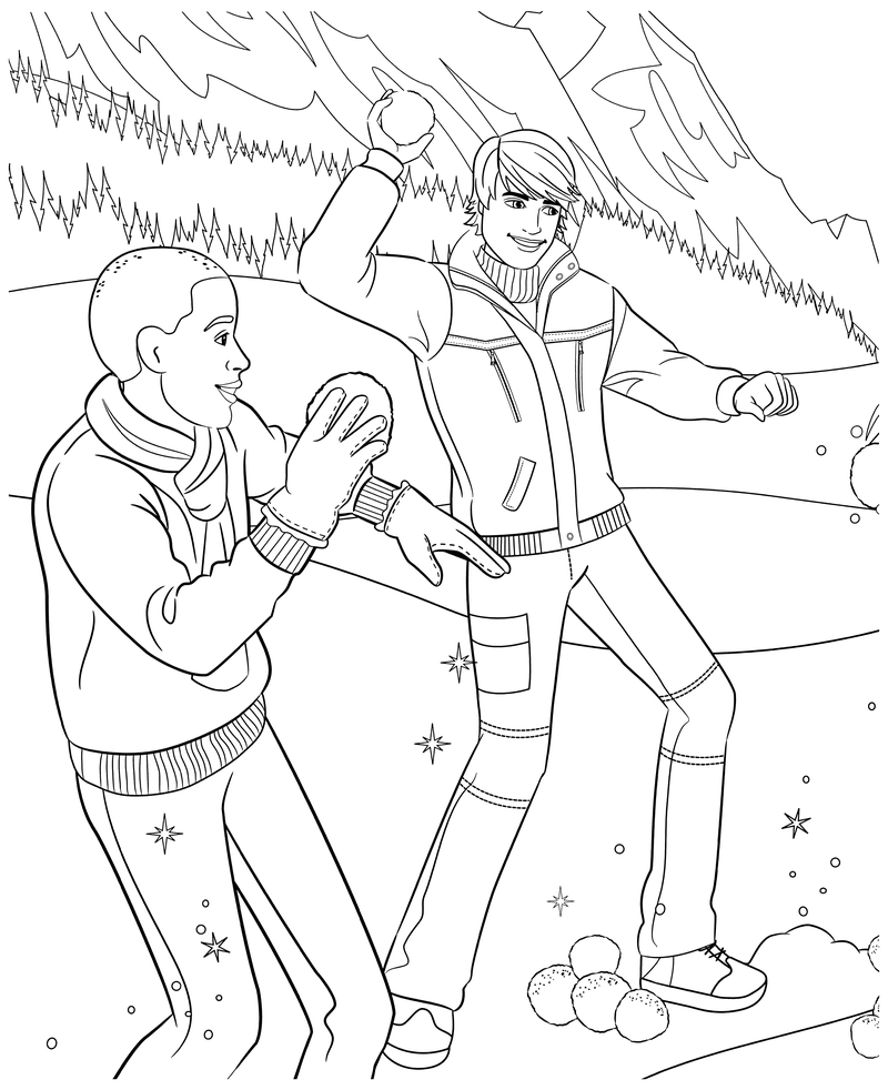 Раскраска - Барби - Кен c другом играют в снежки