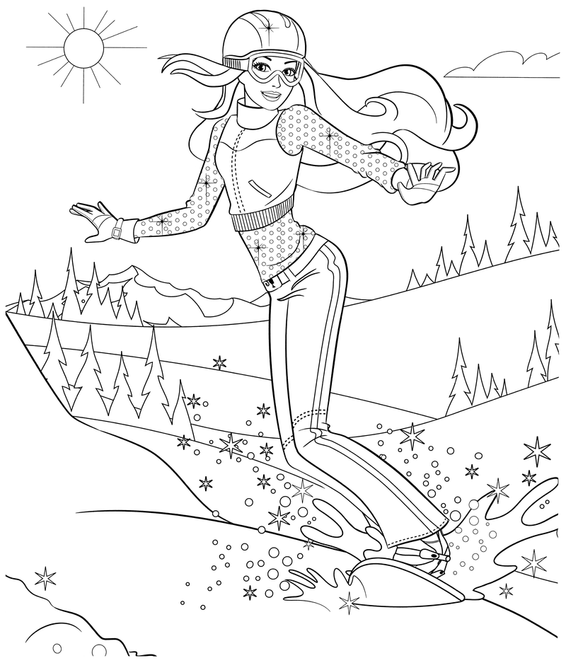 Раскраска - Барби - Барби на сноуборде
