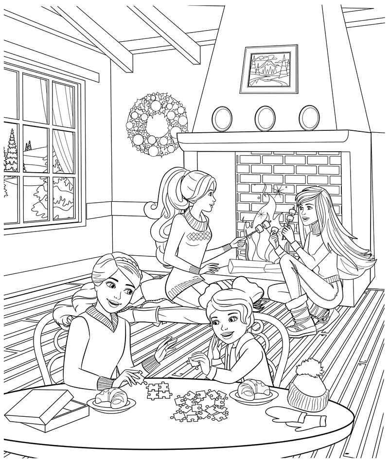 Раскраска - Барби - Барби с подругами отдыхают дома