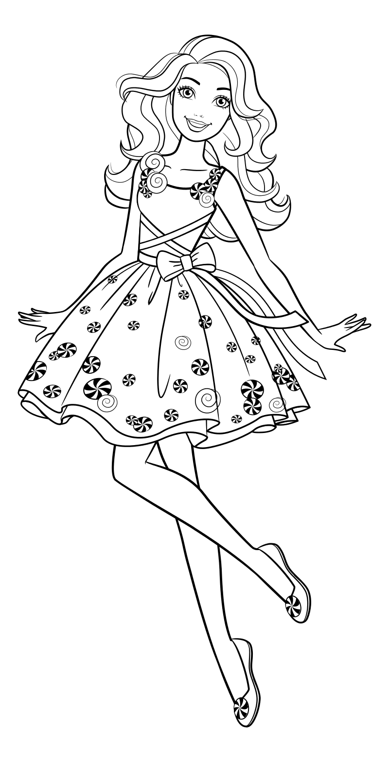 Раскраска - Барби - Барби в платье с леденцами