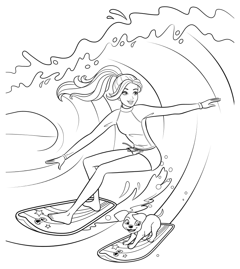 Раскраска - Барби - Барби сёрфингистка с собакой