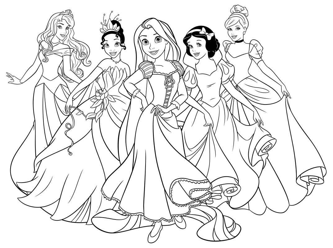 Раскраска - Принцессы Диснея - Аврора, Тиана, Рапунцель, Белоснежка, Золушка