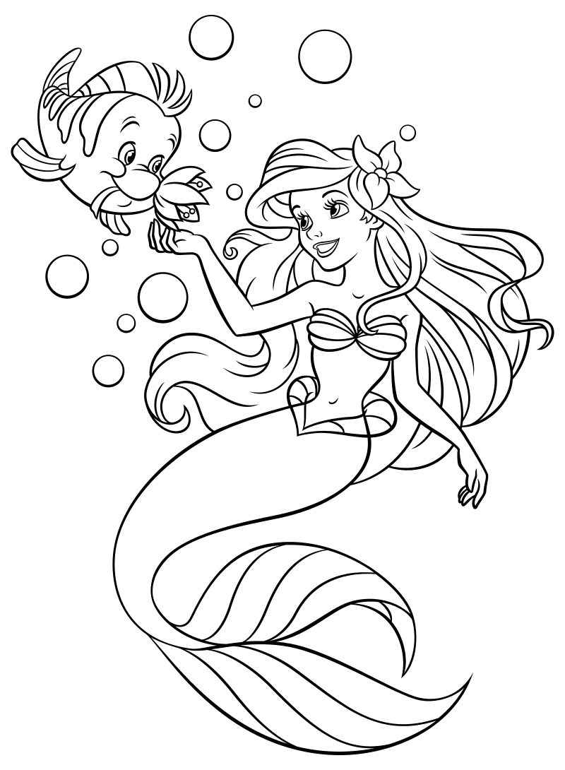 Раскраска - Принцессы Диснея - Ариэль плавает с Флаундером