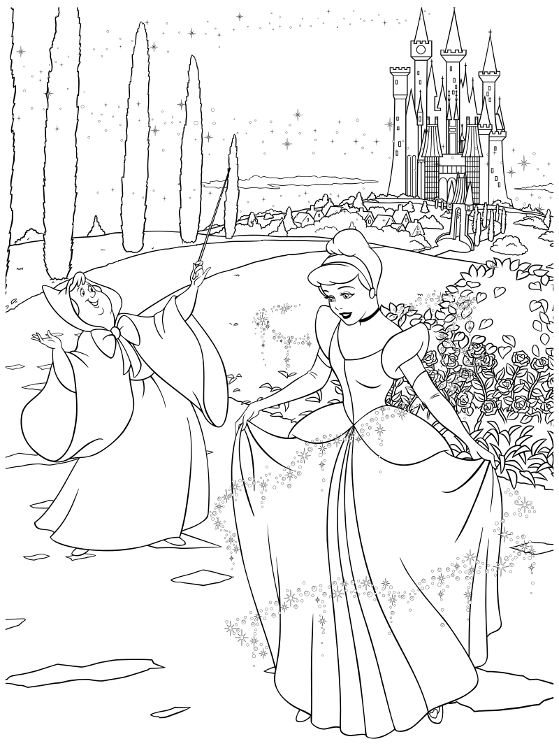 Раскраска - Принцессы Диснея - Фея превращает лохмотья Золушки в платье