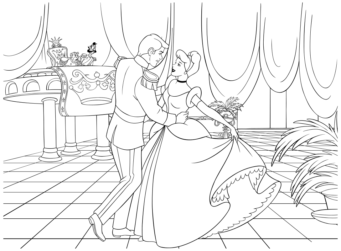 Раскраска - Принцессы Диснея - Принц танцует с Золушкой на балу