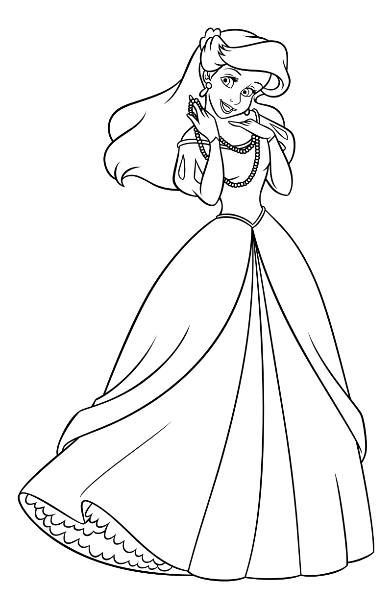 Раскраска для девочек принцессы Диснея Ариэль в платье