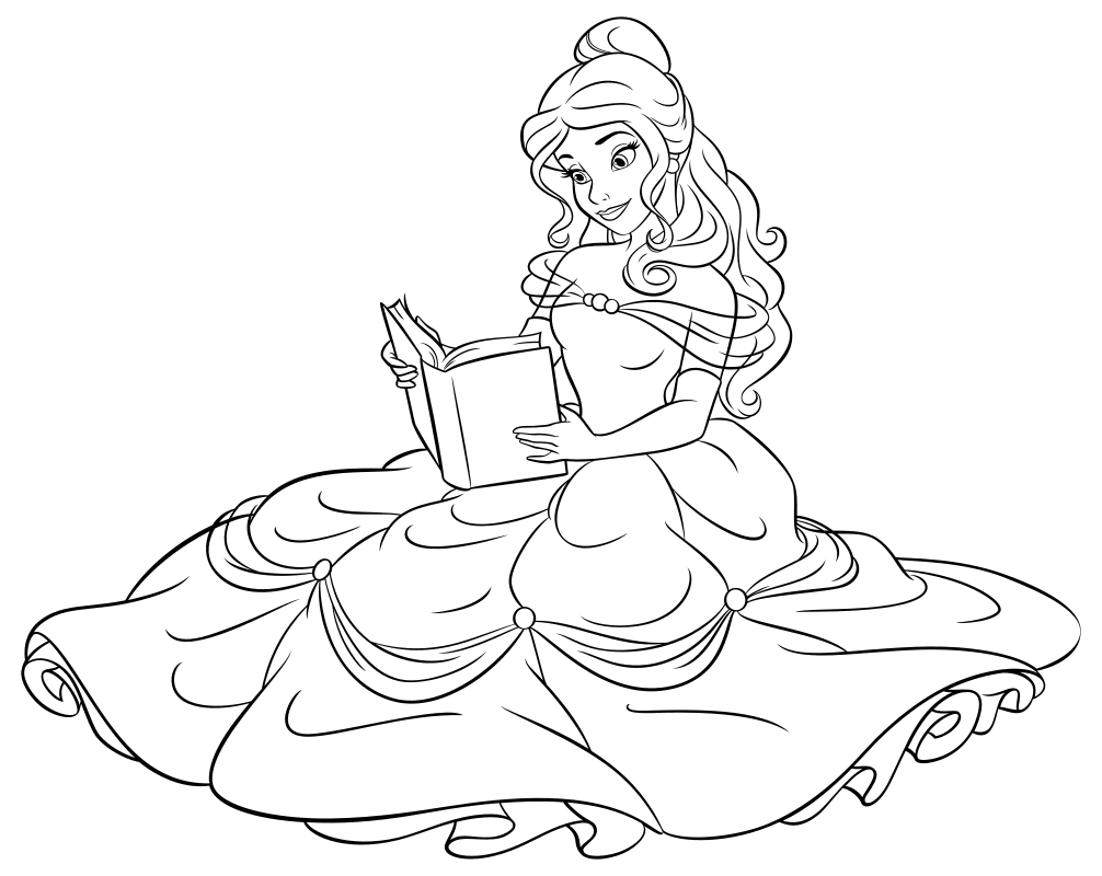 Раскраска - Принцессы Диснея - Белль читает книгу