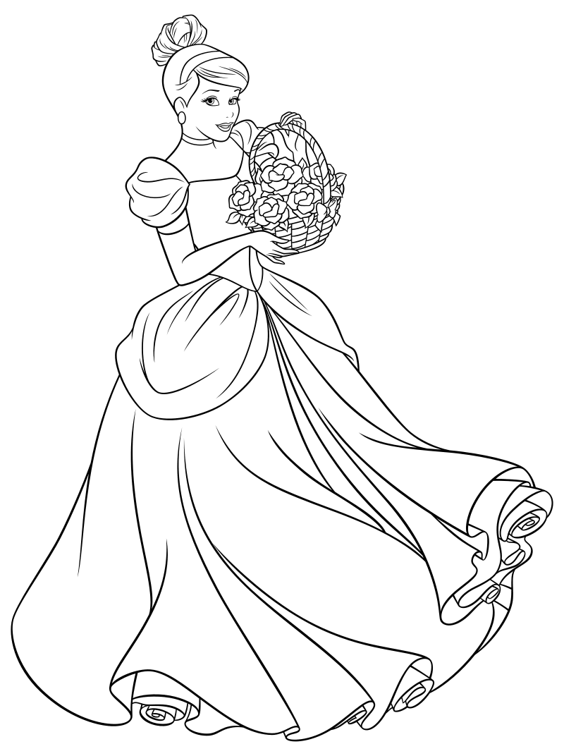 Раскраска - Принцессы Диснея - Золушка с корзиной цветов